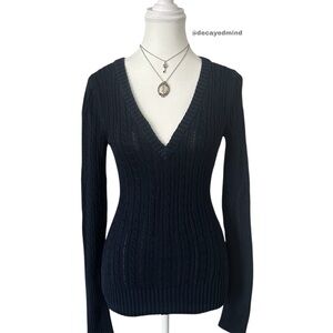 Y2K “American Eagle” Navy Blue Cable Knit V-Neck Long Sleeve Sweater